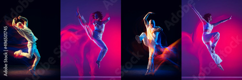 Fototapeta Naklejka Na Ścianę i Meble -  Collage with young energetic girl and boy, hip-hop dancers dancing isolated on dark background with mixed neon light.