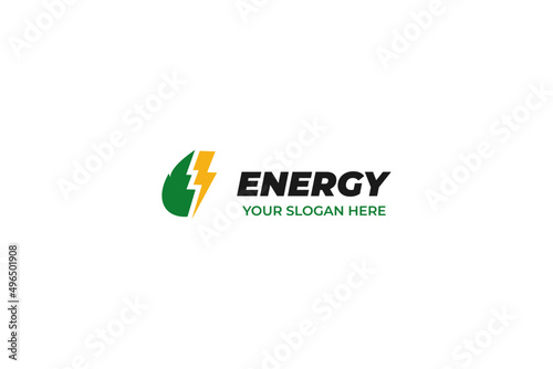 Flat green energy with thunderbolt logo design vector template