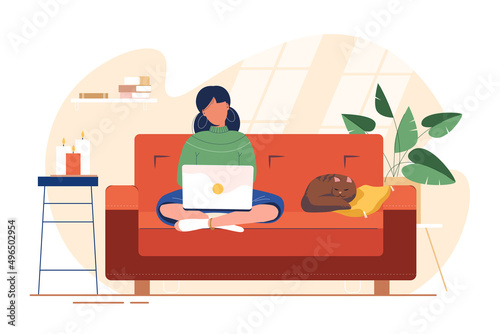 Woman with laptop sits on sofa. Freelance or study concept. Female character freelancer working or study from home online. Self-employed people work in comfortable conditions. Flat vector illustration