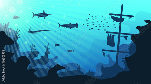 Abstract Blue Underwater Ocean Sea Nature Background Vector With Fishes, Ships And Shadows Seaweed Vector Design Style