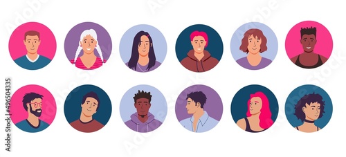 Circle avatars. Social media round story covers with male or female happy smiling faces. Multiethnic people heads. Web forum or blog users profiles. Vector network account portraits set