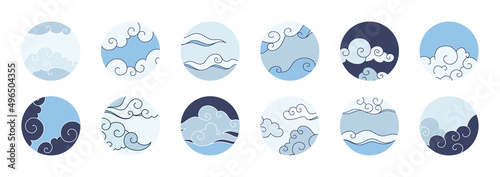 Social media covers with clouds. Traditional oriental cumulus in circle shapes. Japanese blue sky. Heaven precipitation. Asian stratocumulus. Vector account highlight round elements set