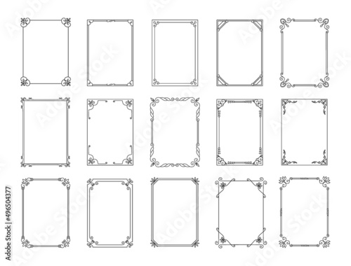 Decorative frames. Abstract vintage calligraphic framing for invitations and postcards. Geometric shapes. Classic filigree rectangles. Retro botanical elements. Vector line borders set
