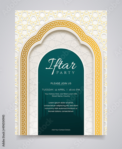 White luxury islamic iftar invitation with decorative ornament pattern and lantern Premium Vector	
