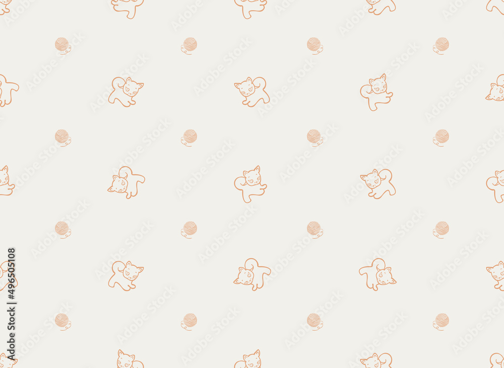 Cute kitten and ball of wool, simple vector monochrome seamless pattern. Hand drawn line drawing. Perfect for textiles, kids room wallpapers, covers, paper packaging, postcards, notepads, kids clothes