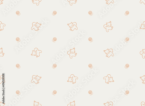 Cute kitten and ball of wool, simple vector monochrome seamless pattern. Hand drawn line drawing. Perfect for textiles, kids room wallpapers, covers, paper packaging, postcards, notepads, kids clothes