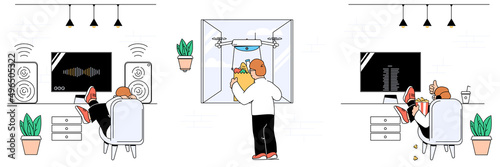 The guy at home listens to music, orders food, watches a movie.The concept of self-isolation, remote work. Vacation at home.Stay at home during coronavirus. Stock vector illustration. 