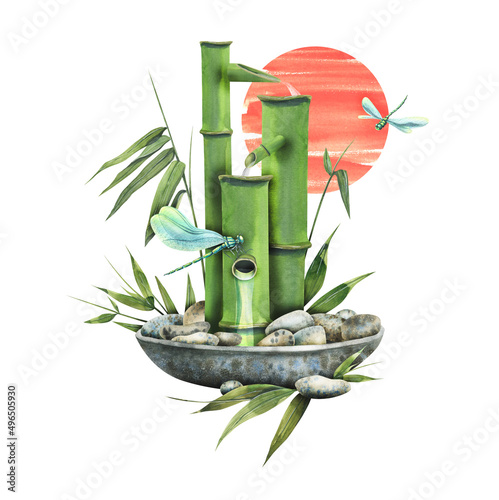 Canvas Print Watercolor illustration composition a soothing bamboo fountain in a ceramic bowl with pebbles and bamboo leaves