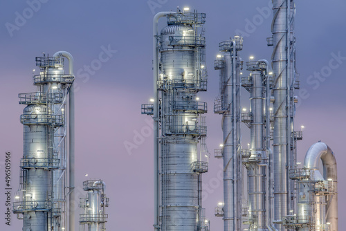 Fractionating towers at a petrochemical plant. photo
