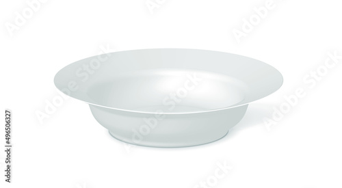 Realistic vector 3d illustration of white empty ceramic plate, template for your design. Front view, closeup isolated on white background. 