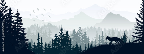 Horizontal banner. Silhouette of fox standing on grass hill. Mountains and forest in the background. Magical misty landscape, trees, animal. Gray illustration, bookmark. 