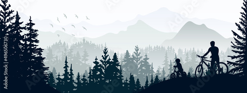 Silhouette of father and child riding bikes in wild nature landscape. Forest and mountains in the background. Magical misty landscape. Banner. Horizontal illustration. 
