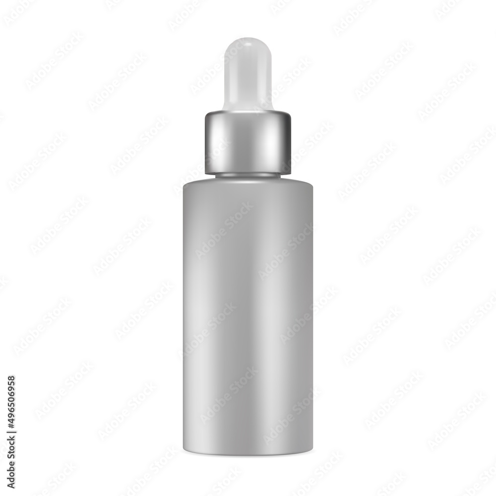 Cosmetic oil dropper bottle. Serum essence bottle mockup. Silver eyedropper vial for collagen product. Essential oil pipette flask, natural aroma care treatment jar template design