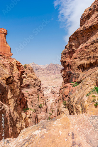 Jordan, trail in the mountains of Petra, daytime landscape on a sunny bright day