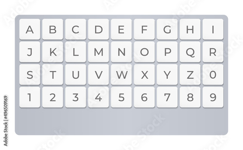 Font keyboard for digital world, virtual reality, HUD interface. ABC symbols in square for educational and logic games. Vector typography