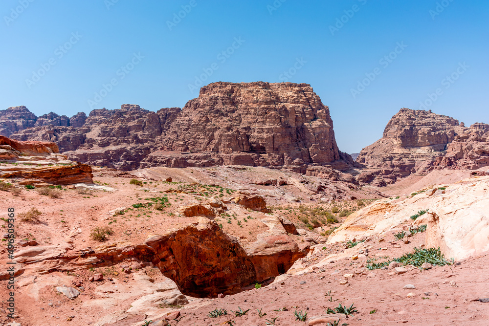 Jordan, mountains around the city of Petra, daytime landscape on a sunny bright day