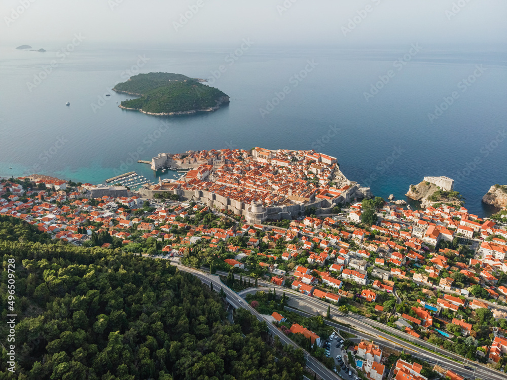 Aerial view of the old town of Dubrovnik, Croatia with orange rooftops and Adriatic sea made with from drone