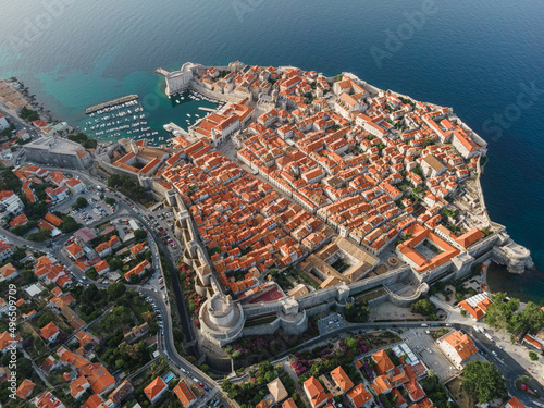 Dubrovnik, Croatia. Aerial view of the old town with rooftops and Adriatic sea.. Top view from drone
