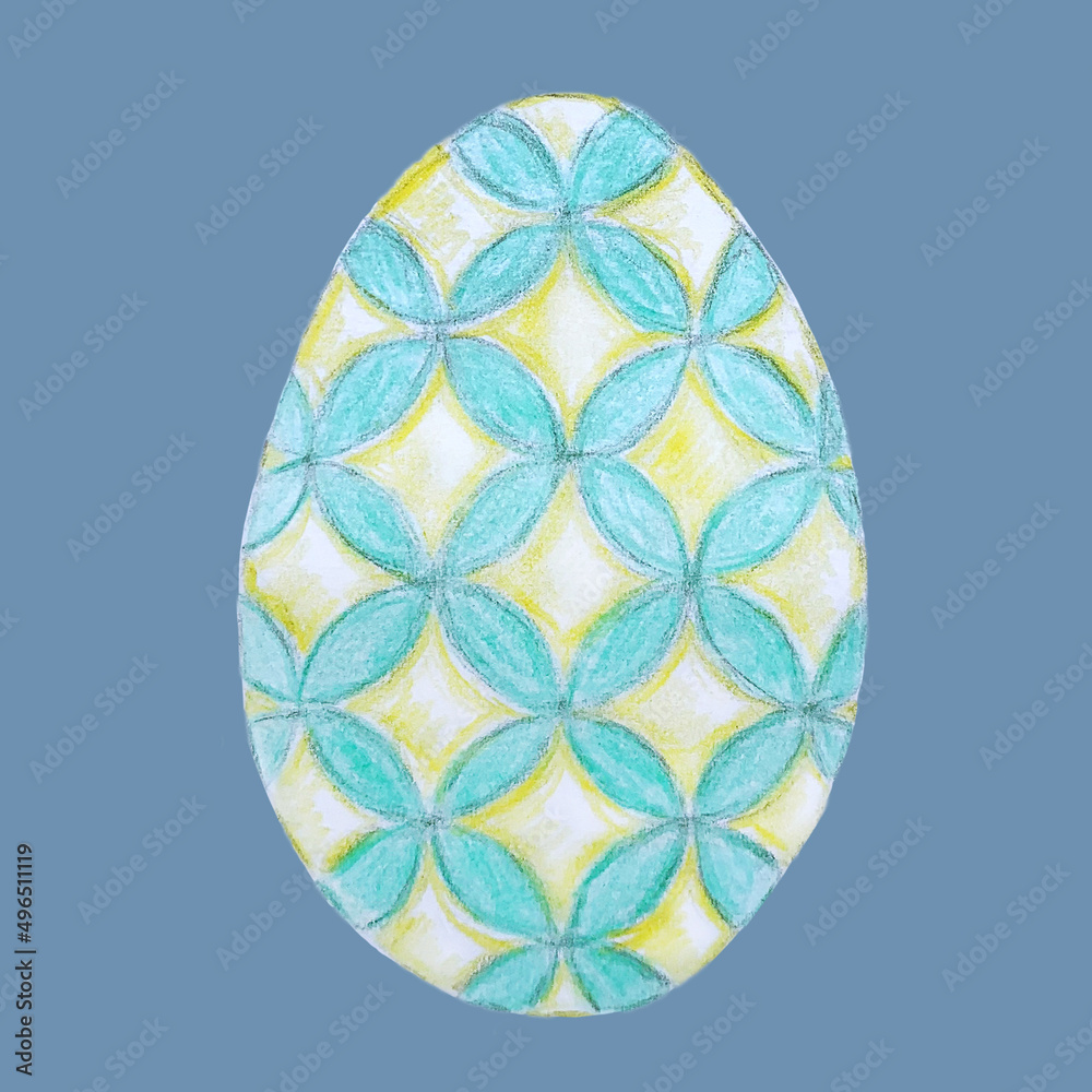 Easter egg with a pattern. Drawing with colored pencils by hand. Abstraction. Isolate. On a blue indigo background. Rhombuses, oriental pattern. Easter egg with a pattern. Drawing with colored pencils by hand. Abstraction. Isolate. On a blue indigo background. Rhombuses, oriental pattern.