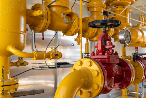 Natural gas distribution substation equipment with valves pipes and pressure gauge