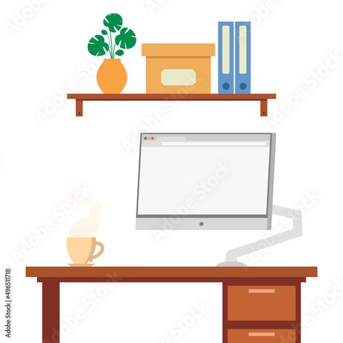 Wooden table with a computer monitor and a cup of coffee. Home or office comfort and modern workspace. 