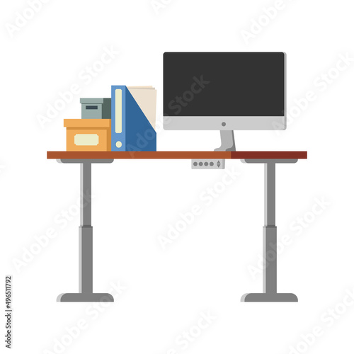 Electric adjustable ergonomic computer seating table and stand. Modern office or home workplace. Vector flat illustration isolated on white background.