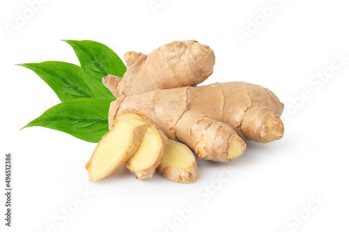 Fresh ginger rhizome with sliced and green leaves isolated on white background with Clipping Path.