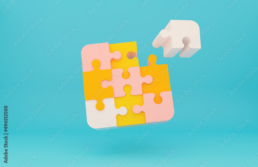 Team work concept. 3D jigsaw puzzle pieces orange, pink, white and mint colors. Education courses. Business idea. 3D rendering illustration on mint background. Team work concept. 3D jigsaw puzzle pieces orange, pink, white and mint colors. Education courses. Business idea. 3D rendering illustration on mint background.