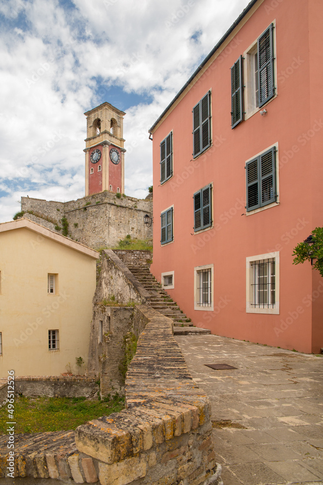 corfu clock in the fortress red  travel destination in corfu city greece