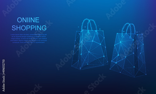 paper bag shopping low poly wireframe. e-commerce and shopping online. vector illustration digital design. isolated on blue dark background