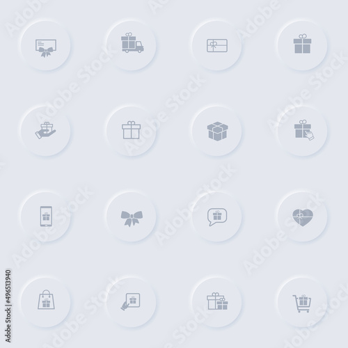 gift gray vector icons on round rubber buttons. gift icon set for web, mobile apps, ui design and promo business polygraphy