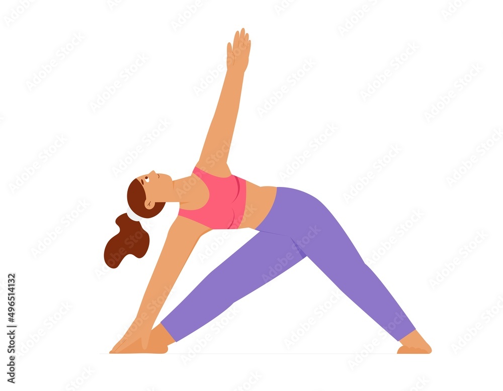 Woman practicing triangle yoga pose, utthita trikonasana. Flat vector ...