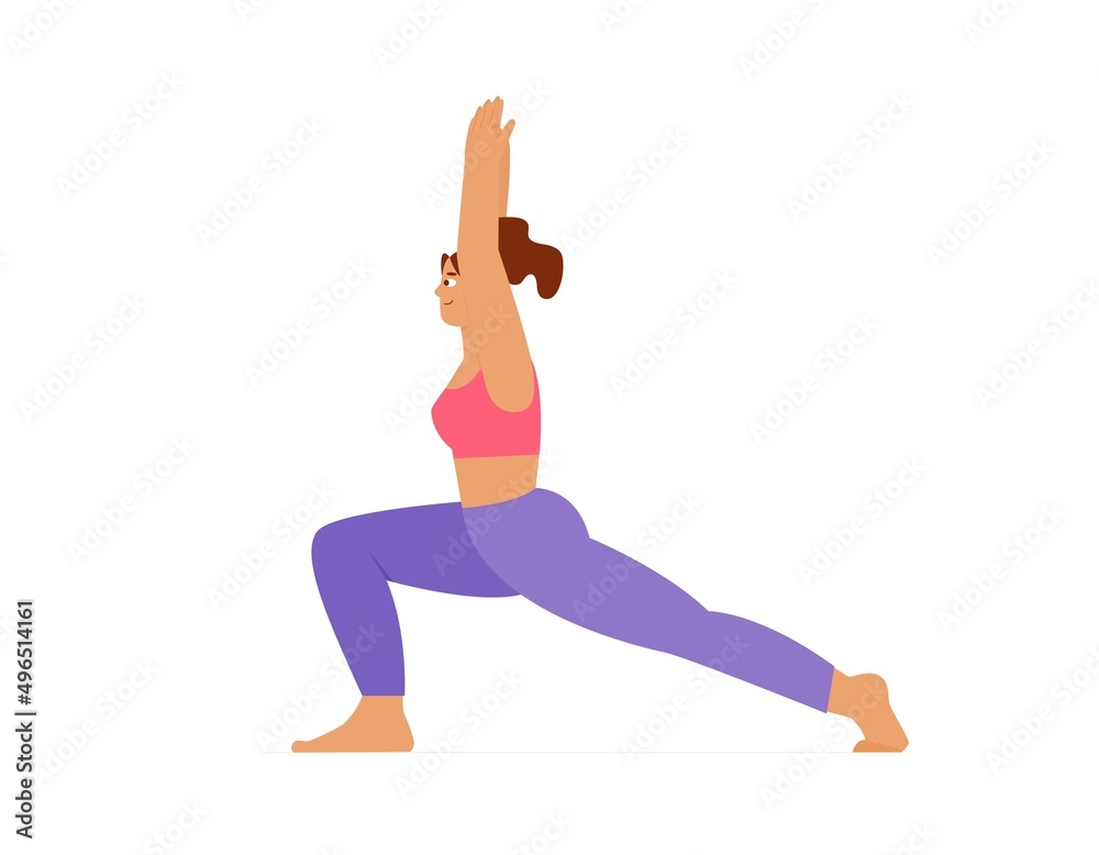 Woman practicing yoga, warrior pose, virabhadrasana. Flat vector illustration, isolated character Woman practicing yoga, warrior pose, virabhadrasana. Flat vector illustration, isolated character