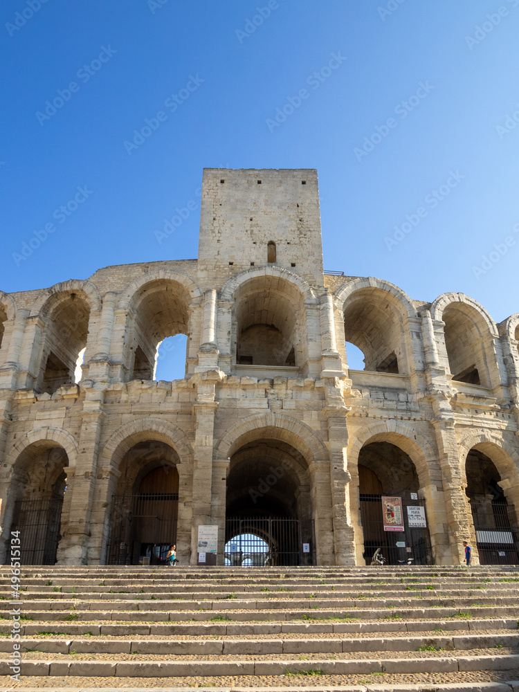 Arles amphitheater from the north with medieval tower