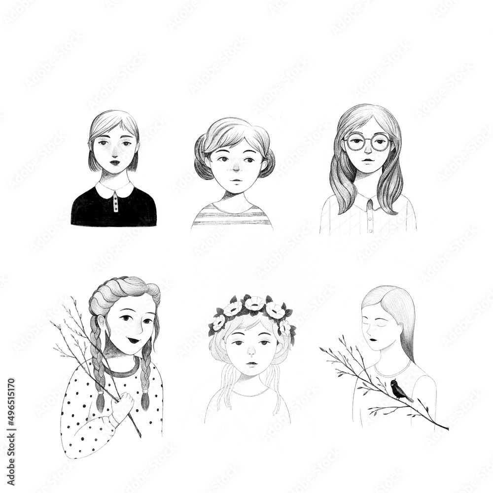 set of faces, illustrations of women portraits characters set of faces, illustrations of women portraits characters
