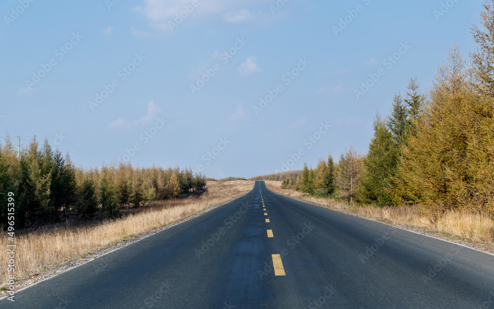 Country road with blue sky in the autumn