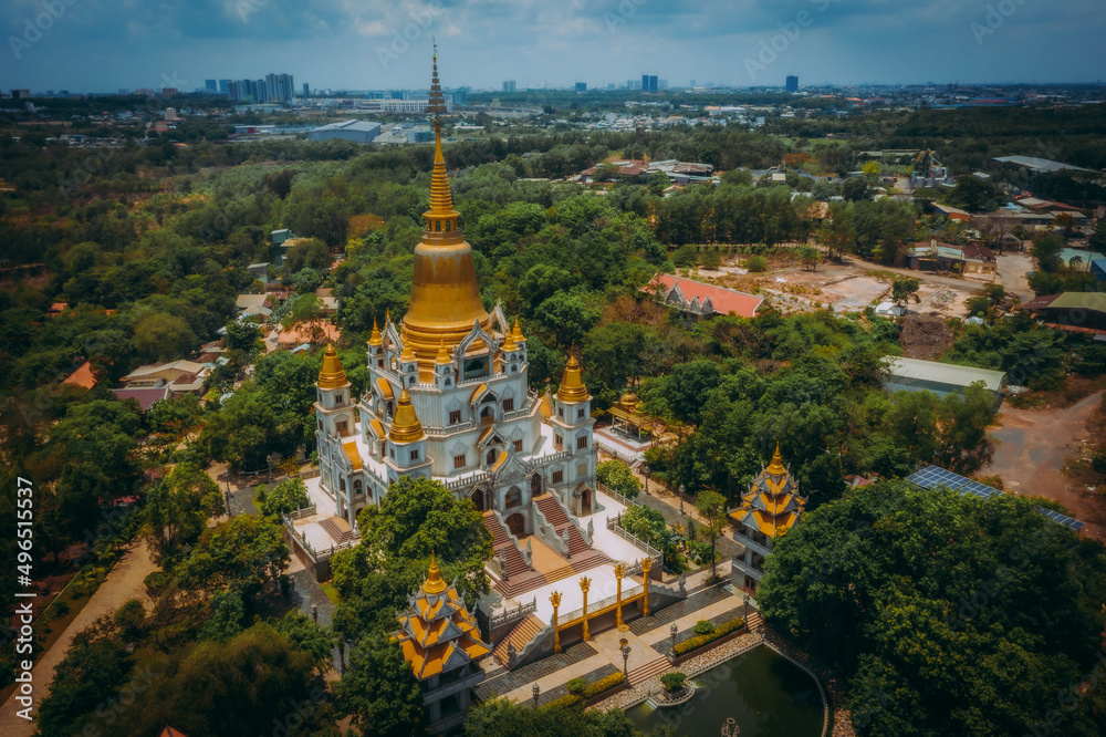 Aerial view of Buu Long Pagoda in Ho Chi Minh City. A beautiful buddhist temple hidden away in Ho Chi Minh City at Vietnam.