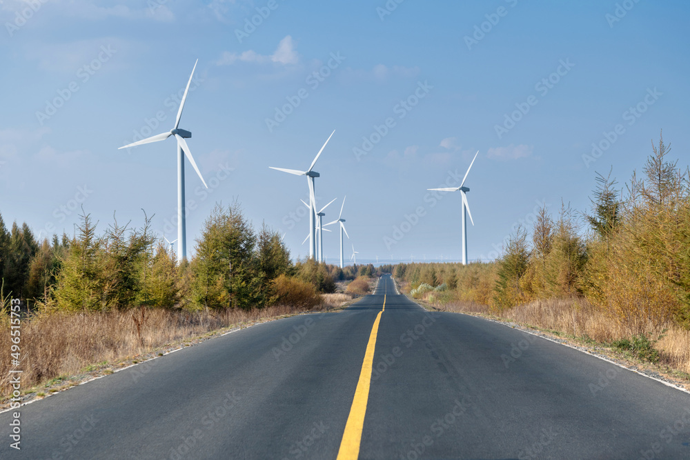 Landscape of highway and windmills