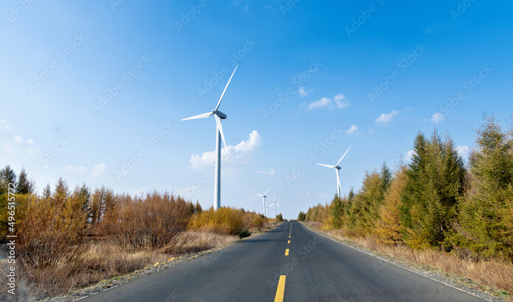 Landscape of highway and windmills