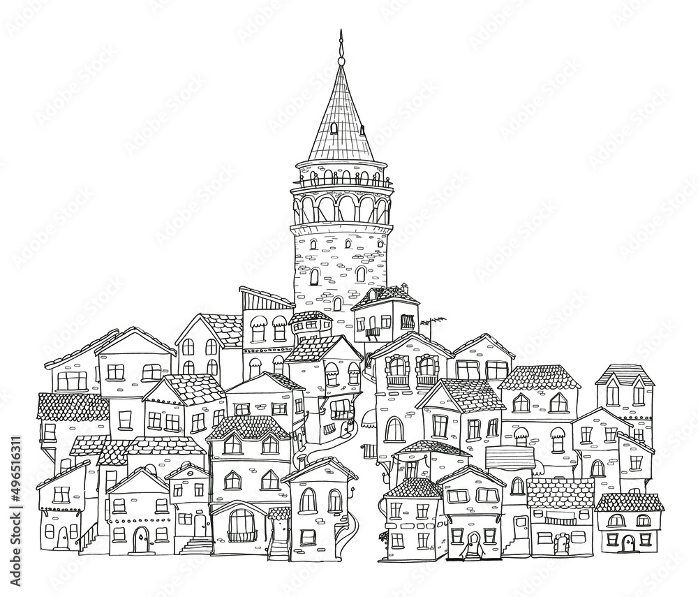 Galata tower hezarfen ahmet celebi turkey istanbul historical places ancient city tourist cartoon vector