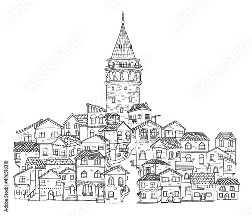 Galata tower hezarfen ahmet celebi turkey istanbul historical places ancient city tourist cartoon vector © Kerem