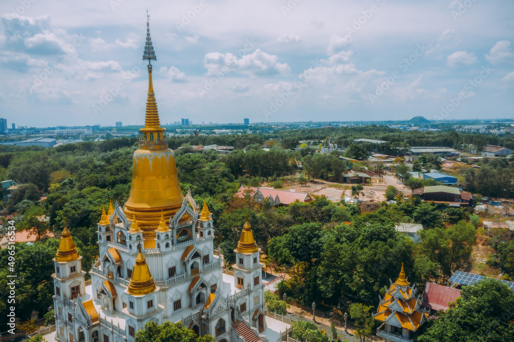 Naklejka premium Aerial view of Buu Long Pagoda in Ho Chi Minh City. A beautiful buddhist temple hidden away in Ho Chi Minh City at Vietnam.