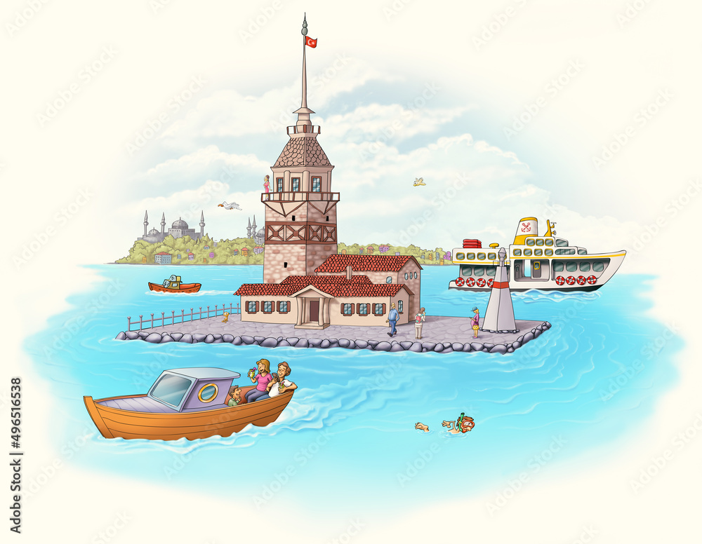 Maiden's Tower Kız kulesi boat ferry turkey istanbul historical places ancient city tourist cartoon