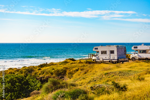 Obraz na płótnie Camper rv camping on sea shore, Spain