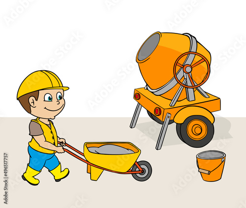 boy construction worker architect project mortar machine wheelbarrow cartoon story vector set	
