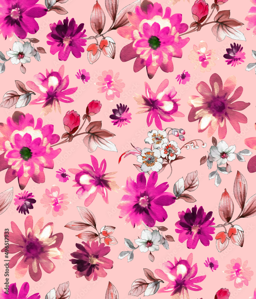 Seamless watercolor tropical pattern, floral print.