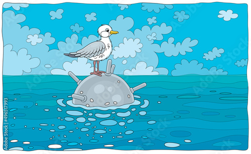 Curious seagull on an old unexploded naval mine in a sea, vector cartoon illustration