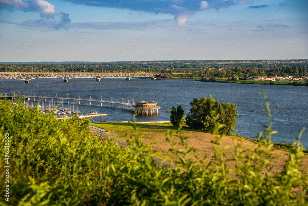 Plock, Poland, Europe - August 12, 2021. Pier over river Vistula ending by Molo Cafe refreshment