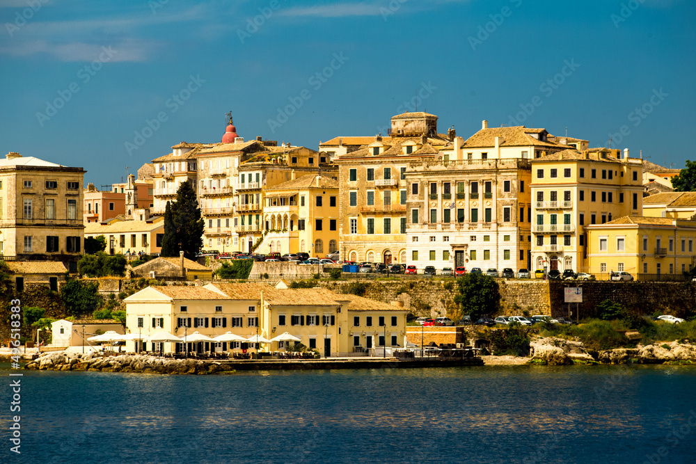 corfu city port and houses view from ship greece