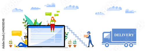 A woman using a laptop sits working on a notebook computer. Man sitting on the phone and listening to music. a delivery man is lifting the cargo box up the stairs to deliver the customer